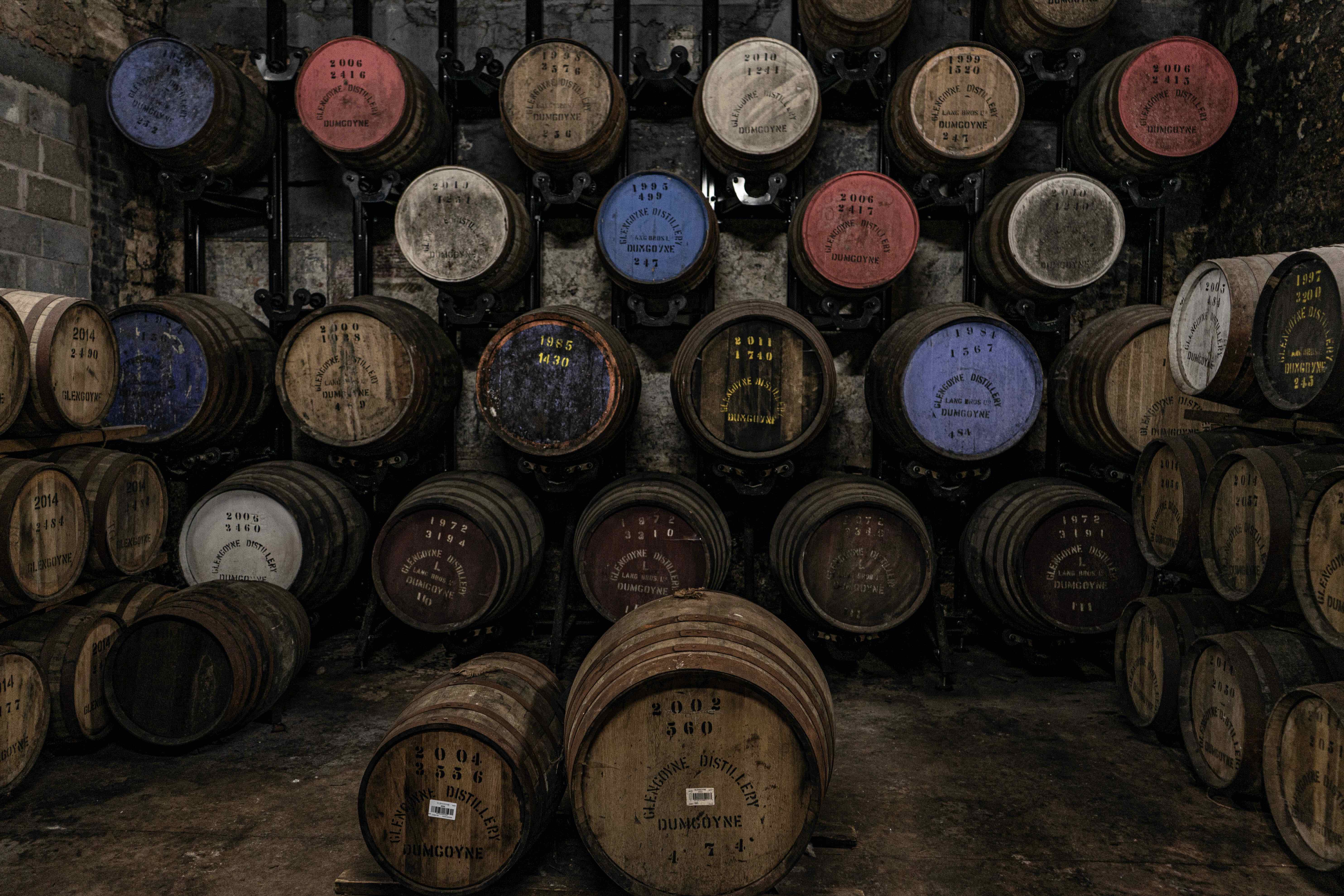 Different sizes of oak casks used in whisky maturation
