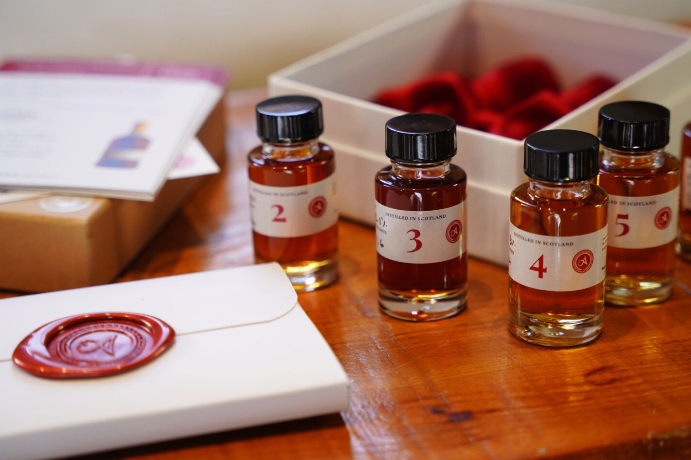 Blind tasting guide and bottles